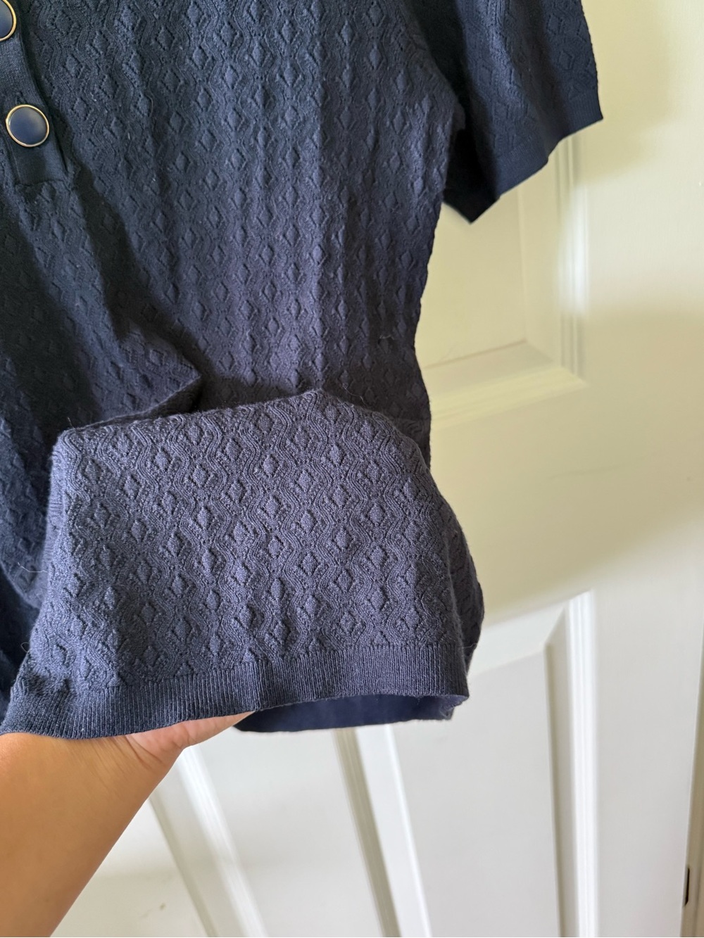 Sezane Navy Textured Short Sleeve Top with Button Placket - Picture 4 of 6